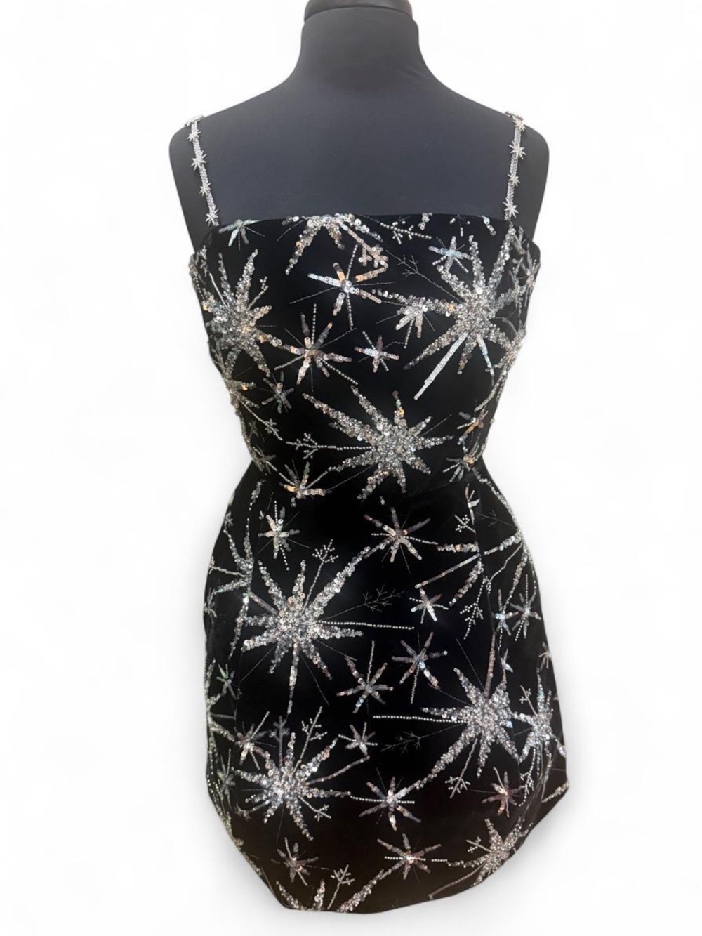 NADINE MERABI Black Velvet Mini Dress with Silver Sequin Starbursts